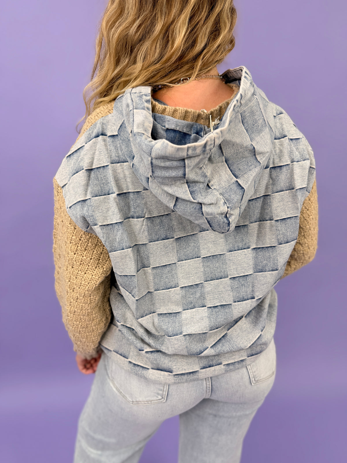 Denim Hood Textured Knit Pullover Sweater