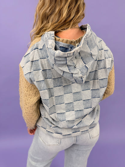 Denim Hood Textured Knit Pullover Sweater