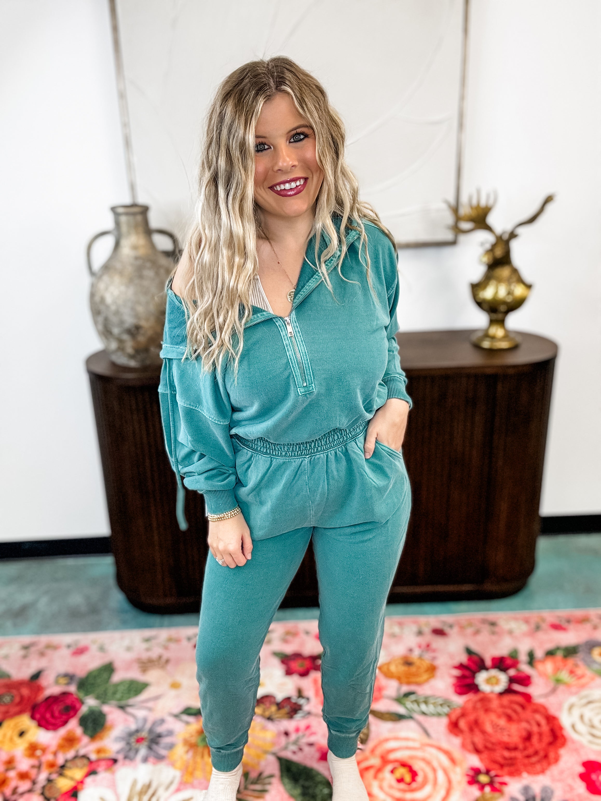 Vintage Wash Cozy Jumpsuit - Teal FINAL SALE