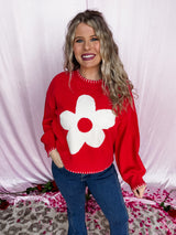 Flower Thread Knit Top - Red