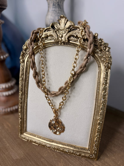 Layered Leather & Geometric Round Necklace