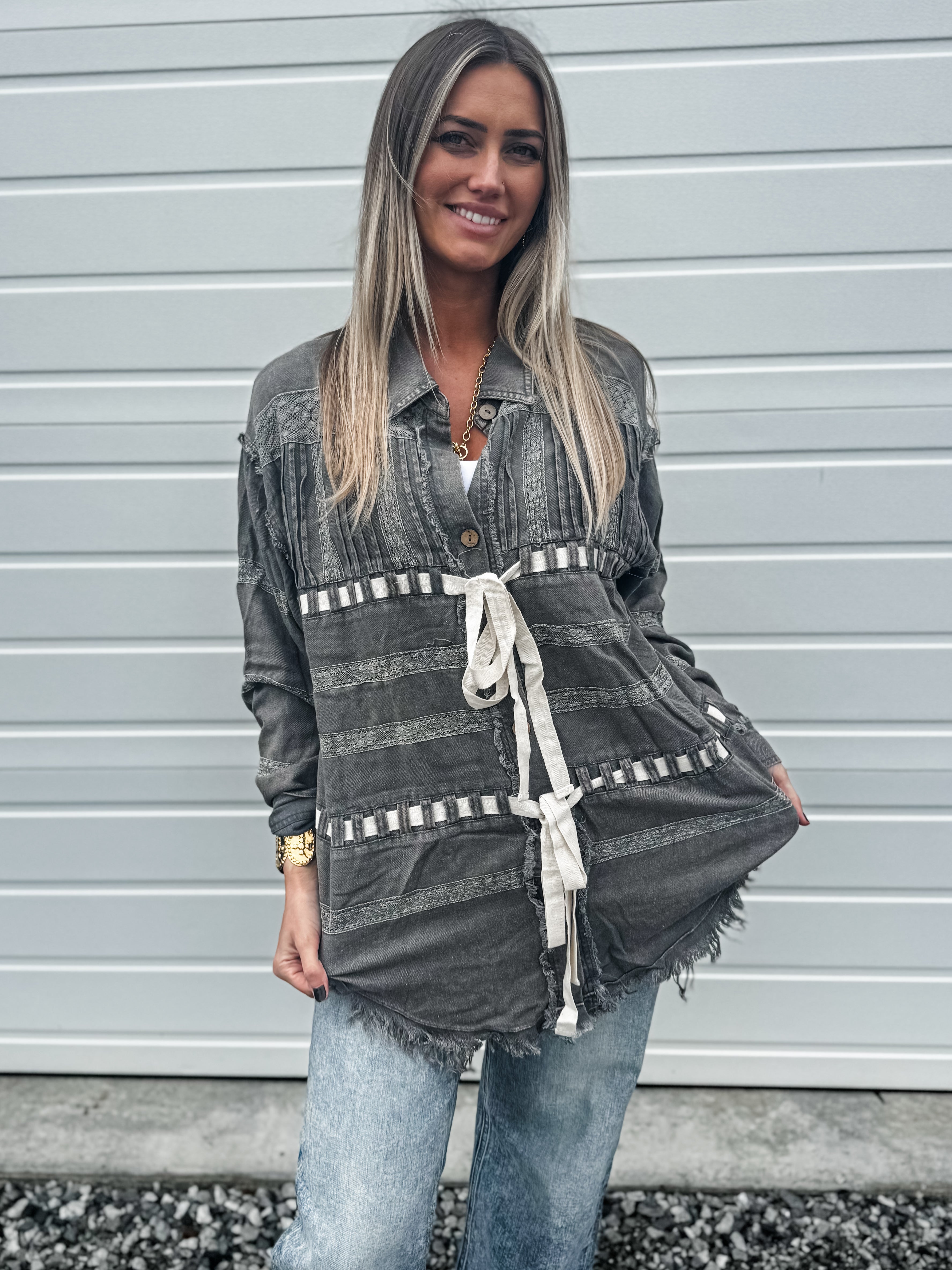 Ribbon Tie With Lace Button Top