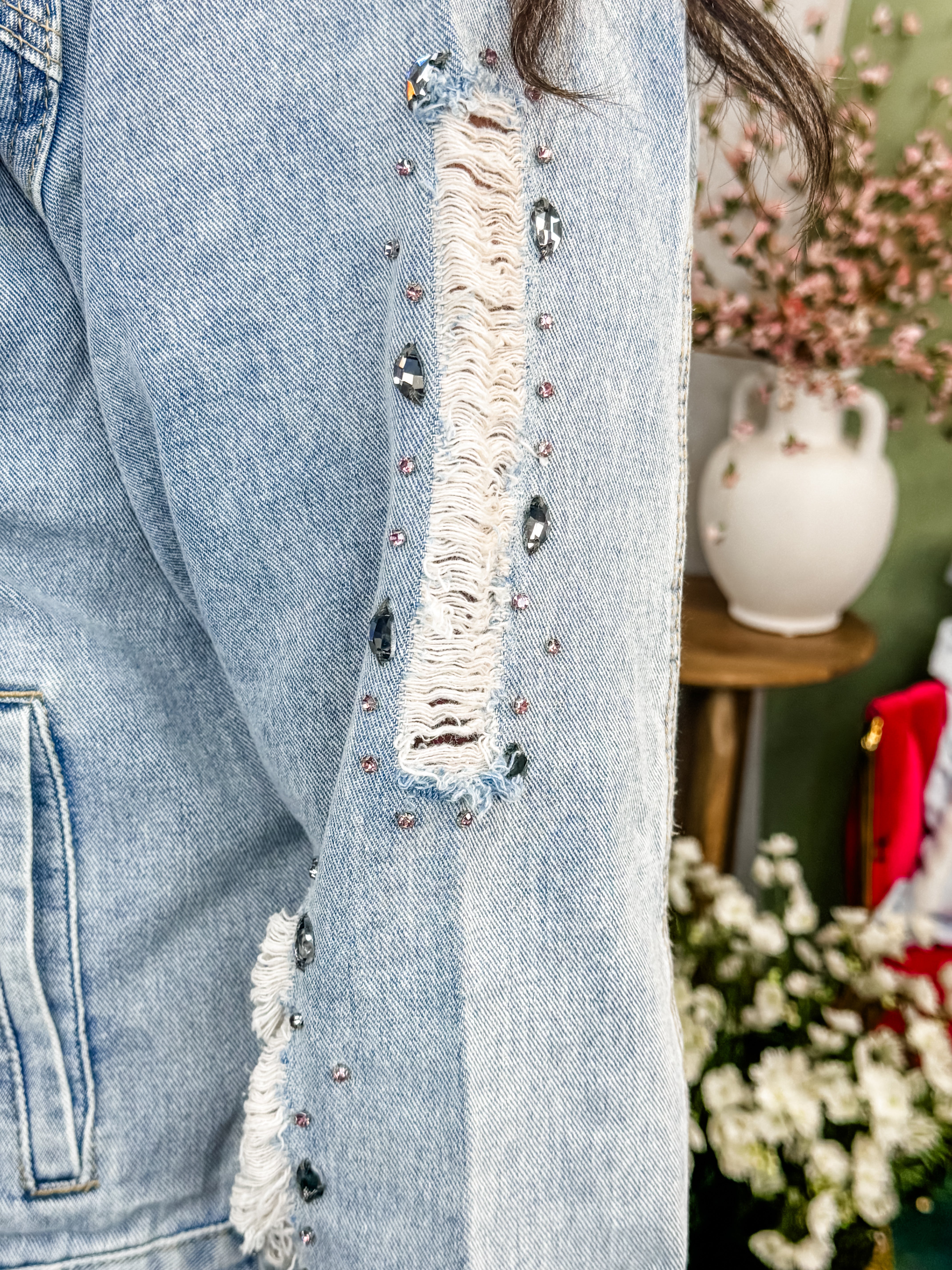 Rhinestone-Studded Distressed Trucker Jacket