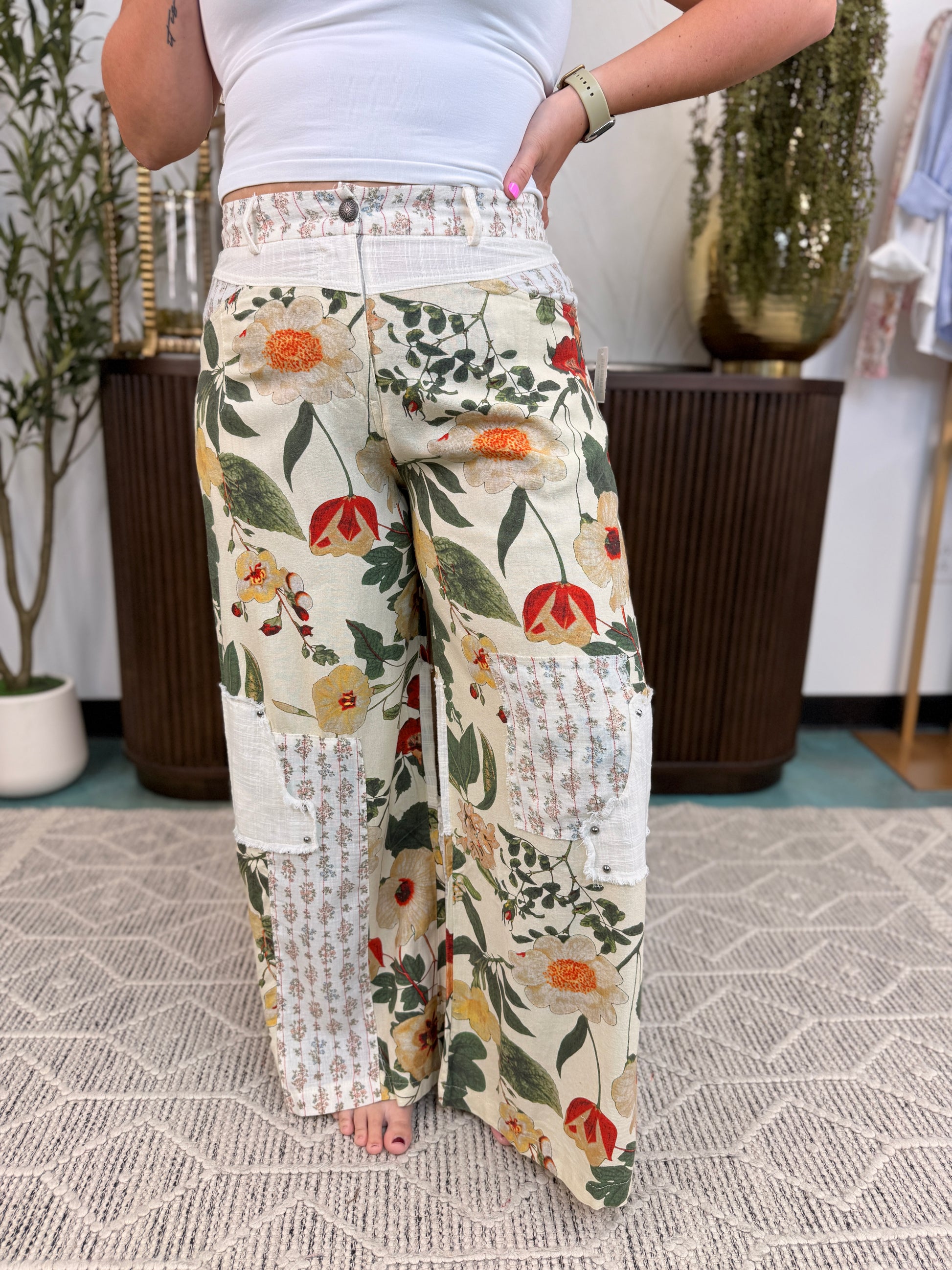 Stud Detail Floral Woven Striped Contrast Straight Pants