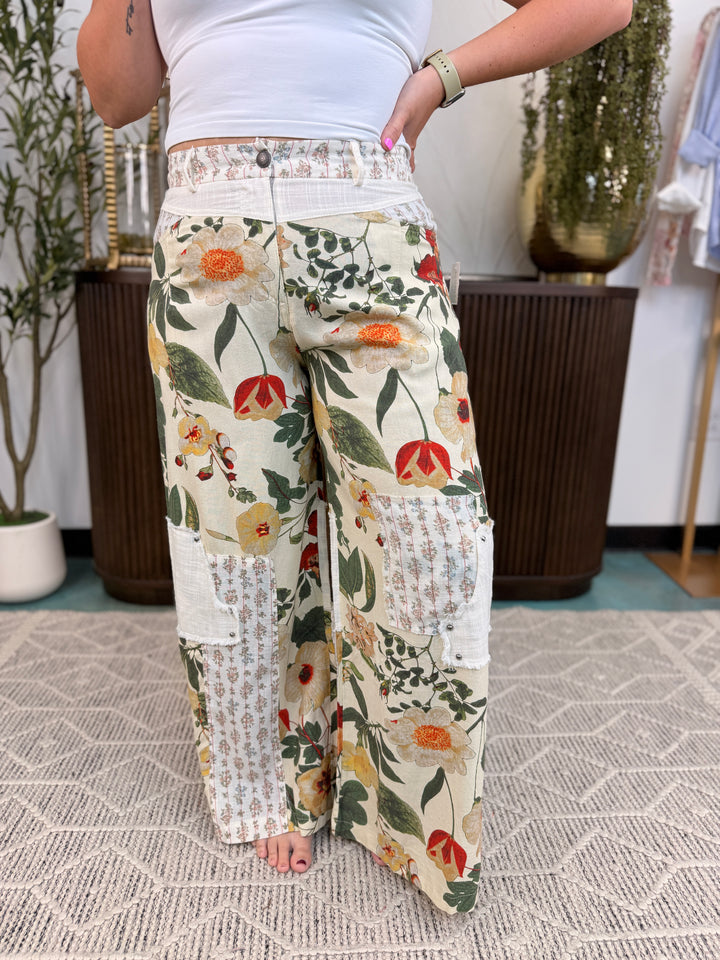 Stud Detail Floral Woven Striped Contrast Straight Pants