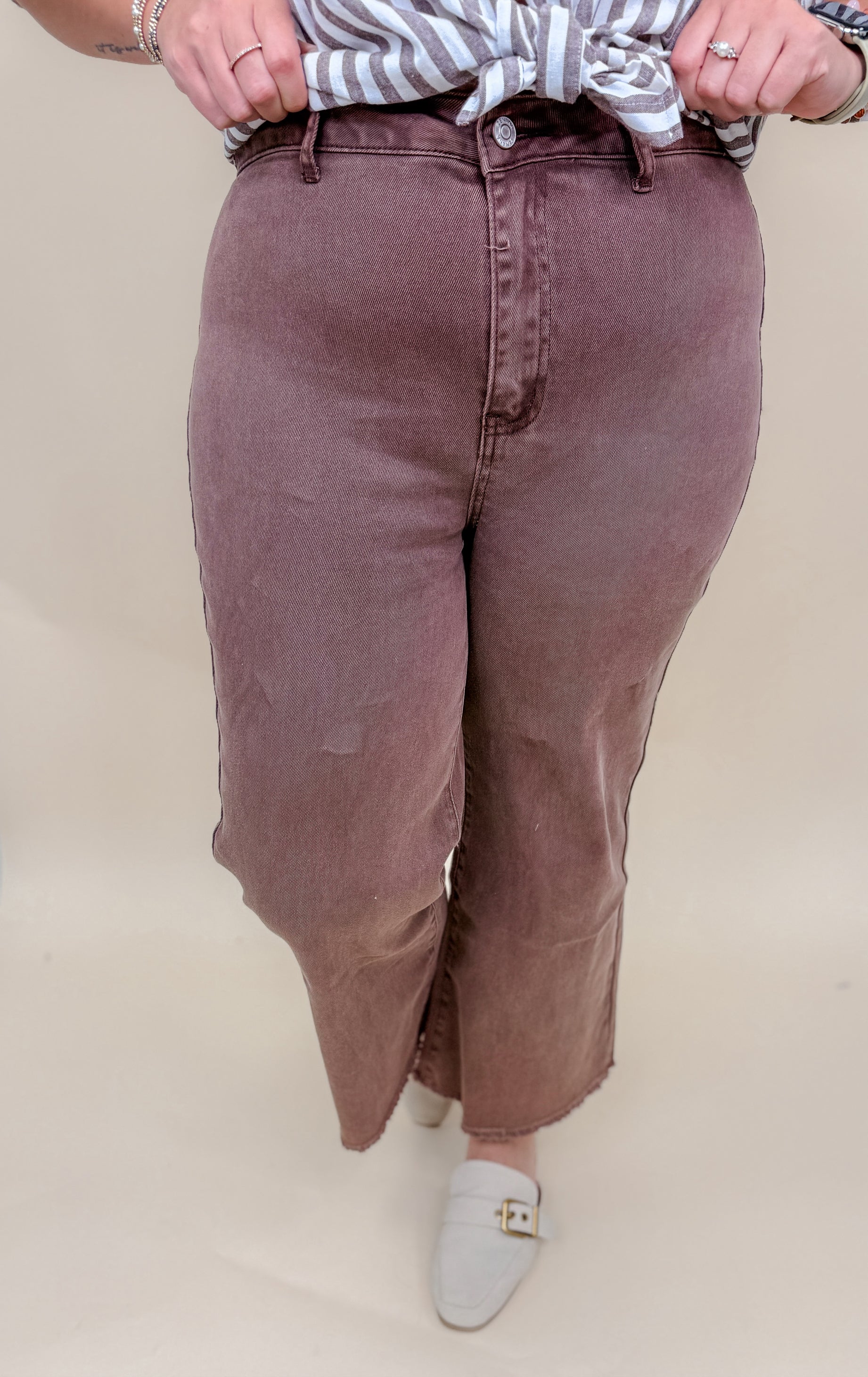 Acid Washed High Waist Frayed Hem Straight Pants