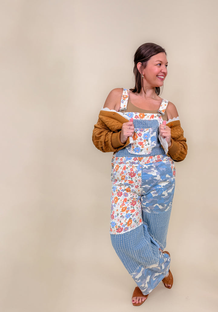 Animal Printed Floral Print Frayed Edge Twill Woven Overalls - Final Sale