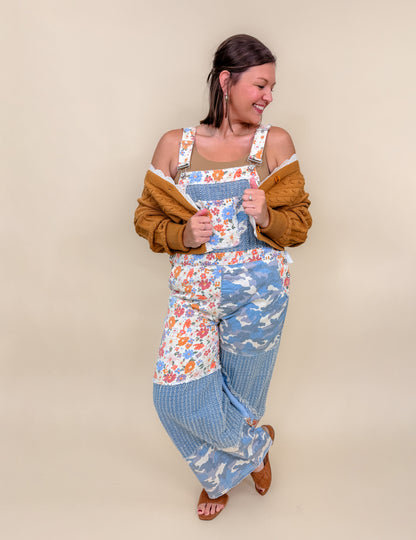 Animal Printed Floral Print Frayed Edge Twill Woven Overalls - Final Sale