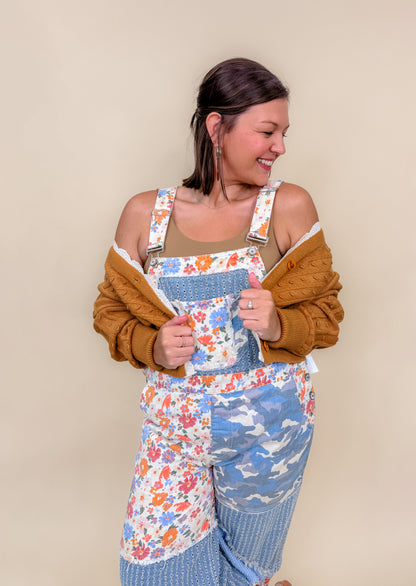 Animal Printed Floral Print Frayed Edge Twill Woven Overalls - Final Sale