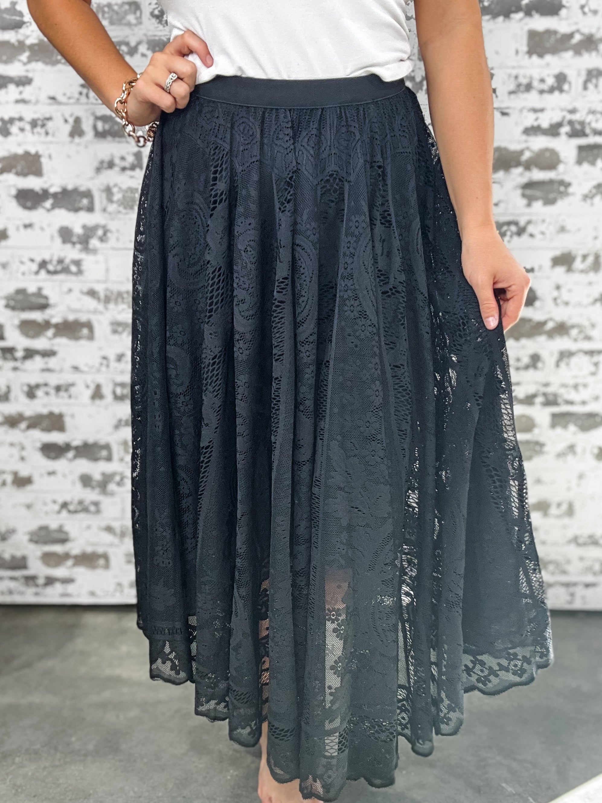 Floral Lace Maxi Skirt - Black
