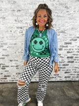Smiley Face St Patricks Day Checkered Graphic Tee