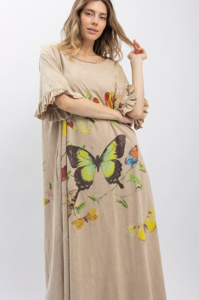 Butterfly Print Ruffle Maxi Dress