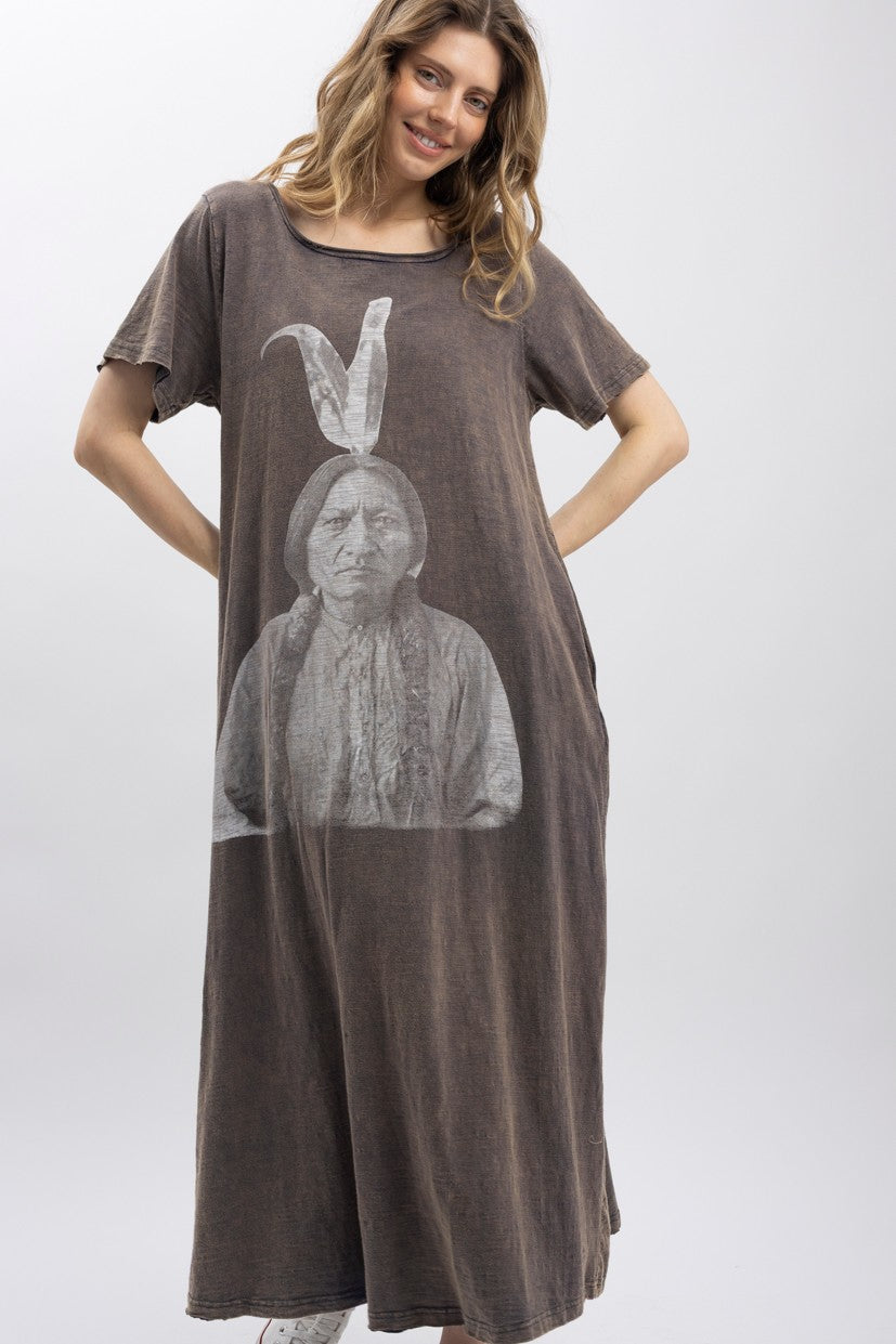 Indian Print Washed Maxi Dress-CHARCOAL