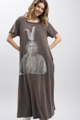 Indian Print Washed Maxi Dress-CHARCOAL