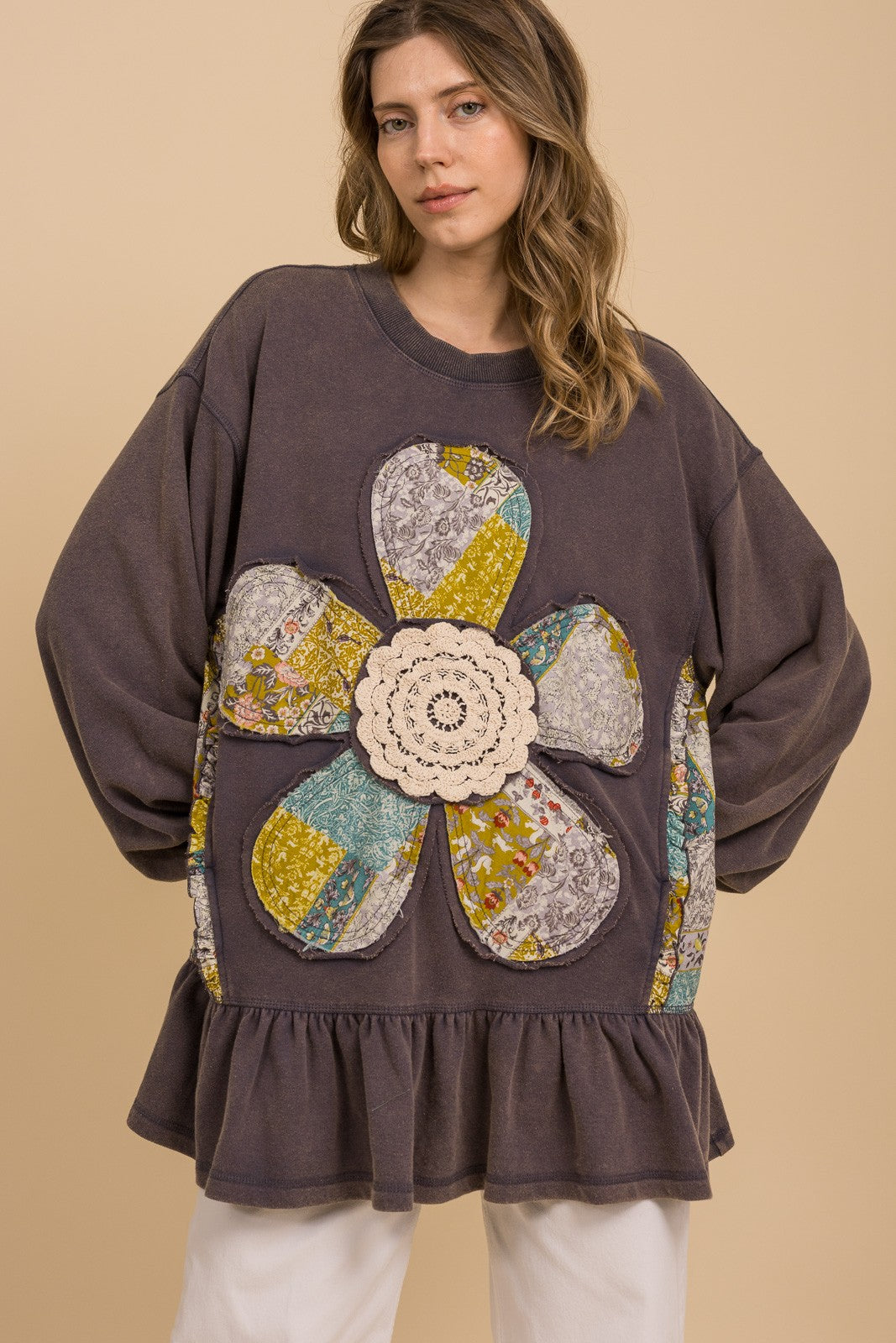 Ruffle Sleeve Flower Patch Top