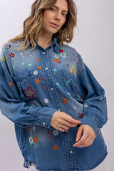 Embroidered Button-Up Chambray Shirt