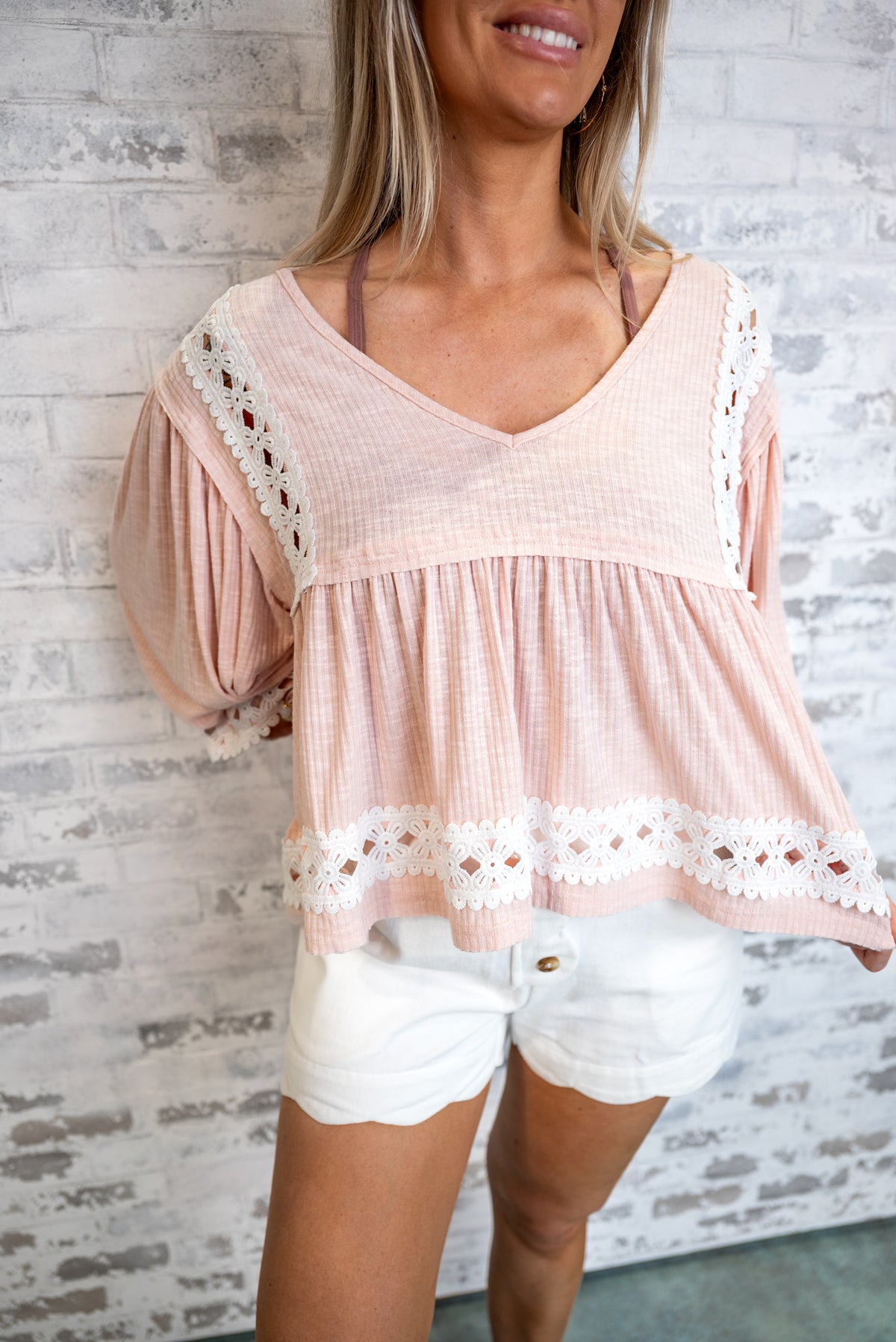 Boho Embroidered Gathered Blouse - Pink - EOS Final Sale