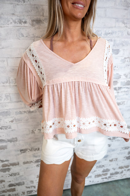 Boho Embroidered Gathered Blouse - Pink - EOS Final Sale
