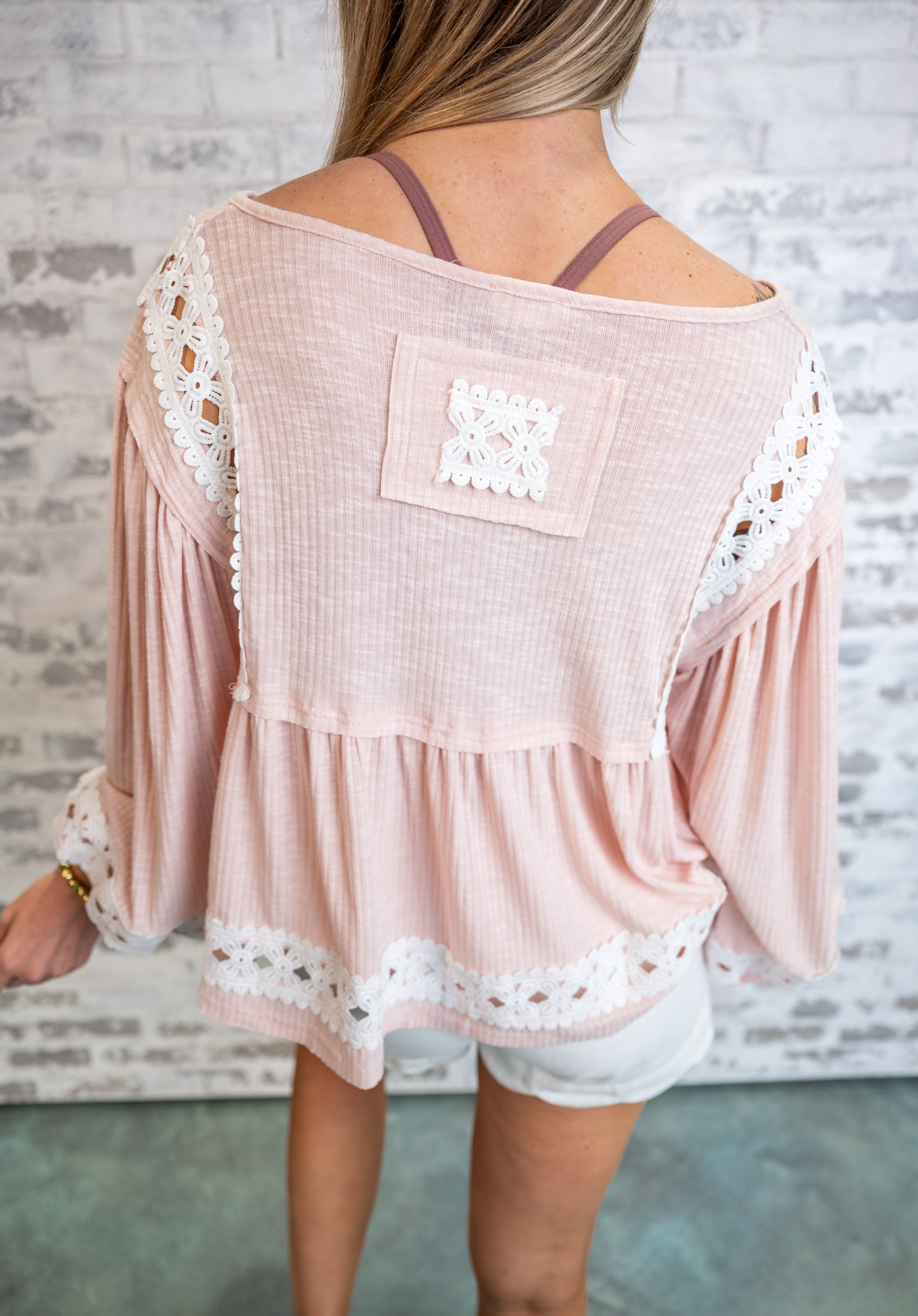 Boho Embroidered Gathered Blouse - Pink FLASH SALE FINAL SALE