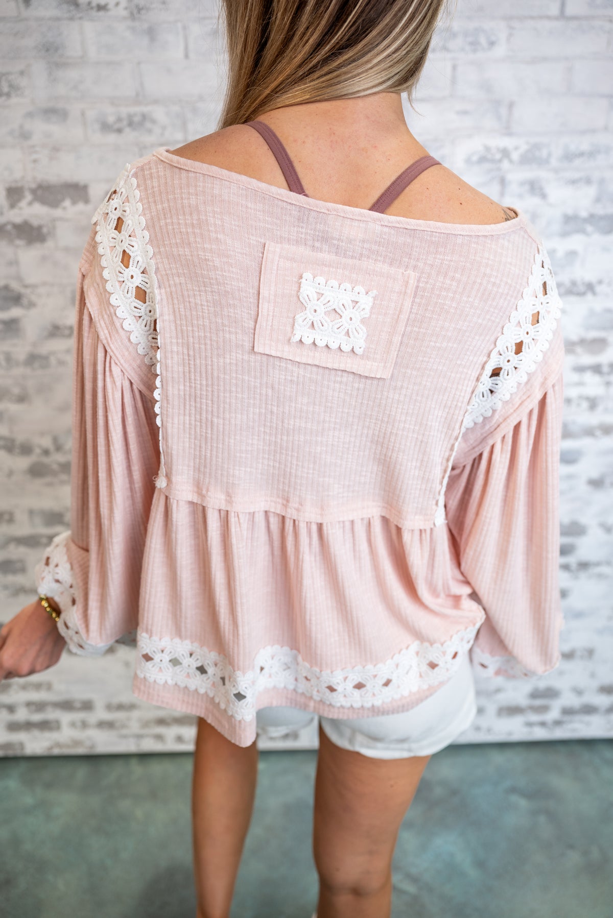 Boho Embroidered Gathered Blouse - Pink - EOS Final Sale