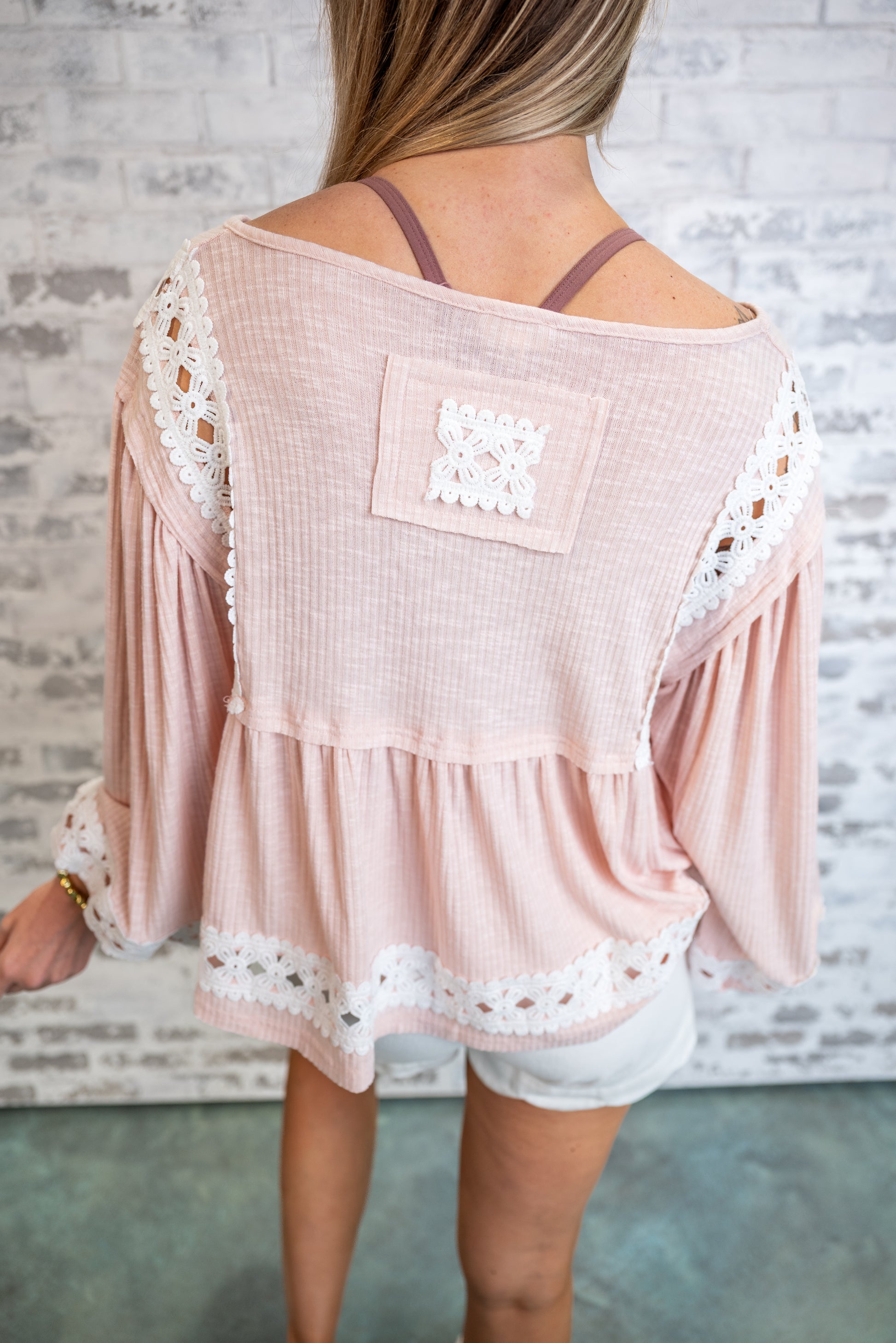 Boho Embroidered Gathered Blouse - Pink - EOS Final Sale