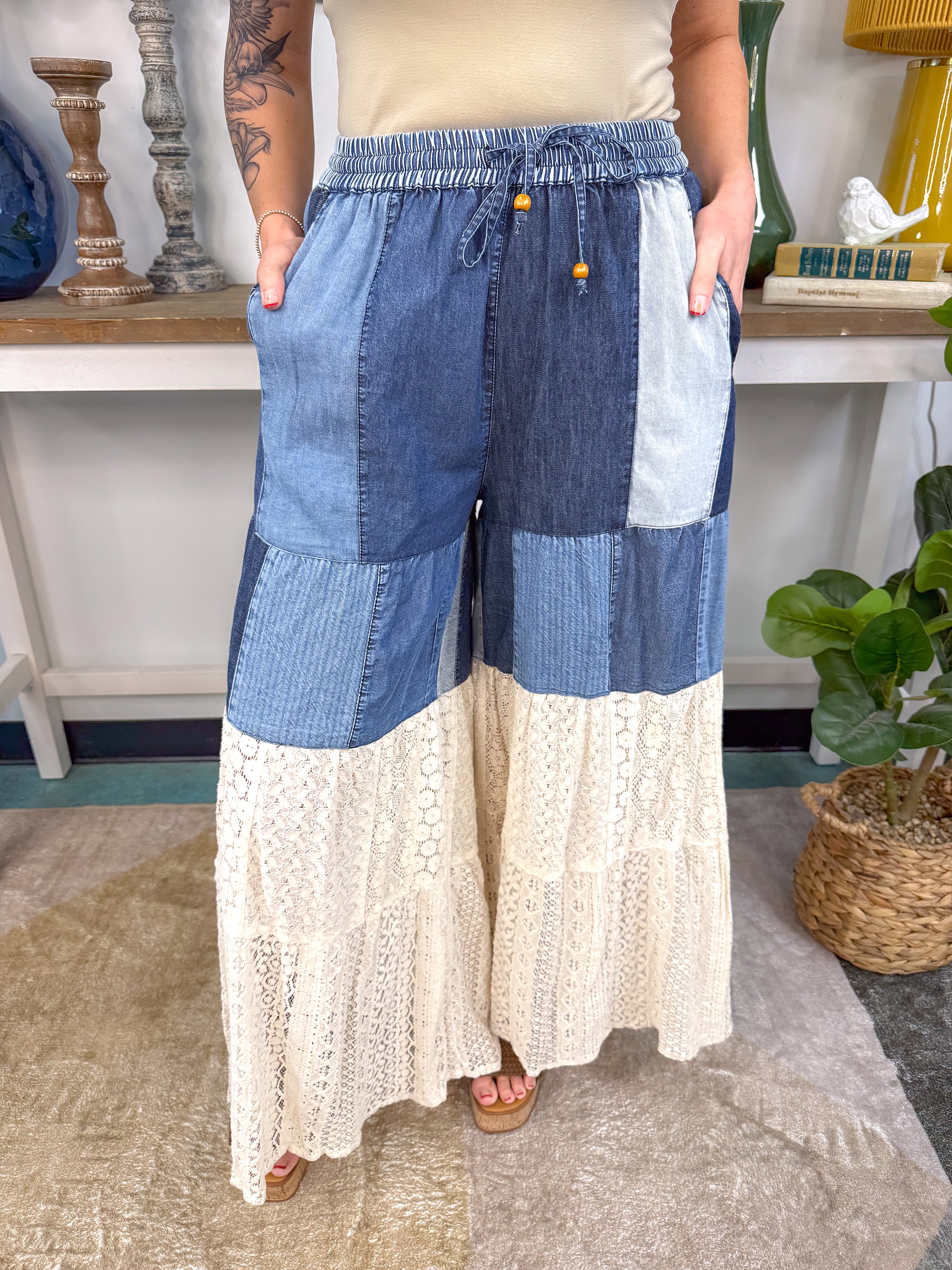 Boho Tiered Patch Inserted Denim Lace & Knit Pants in Ivory