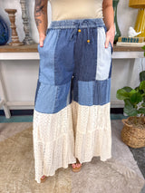 Boho Tiered Patch Inserted Denim Lace & Knit Pants in Ivory