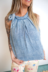 Bow Halter Balloon Chambray Top