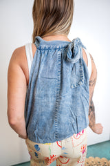 Bow Halter Balloon Chambray Top