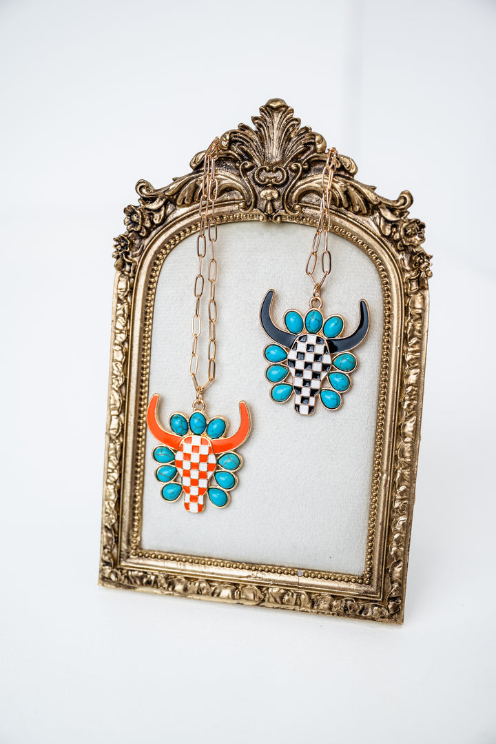 Bull Head Turquoise Check Pendant Necklace