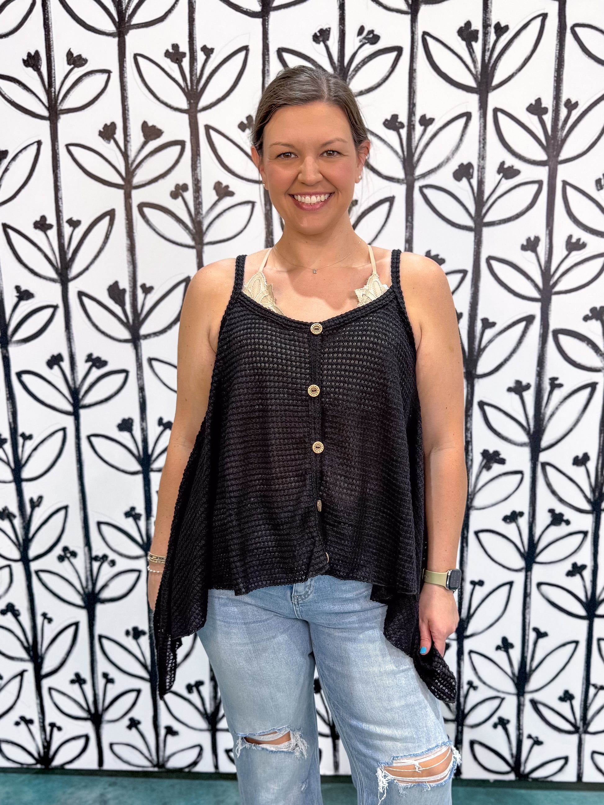 Buttoned Front Waffle Knit Cami - Black - EOS Final Sale