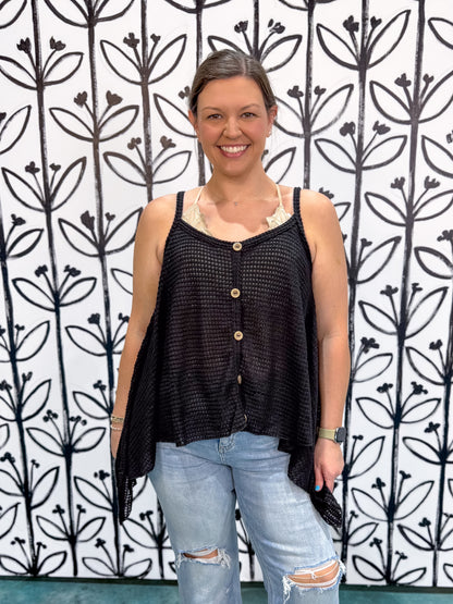 Buttoned Front Waffle Knit Cami - Black - EOS Final Sale