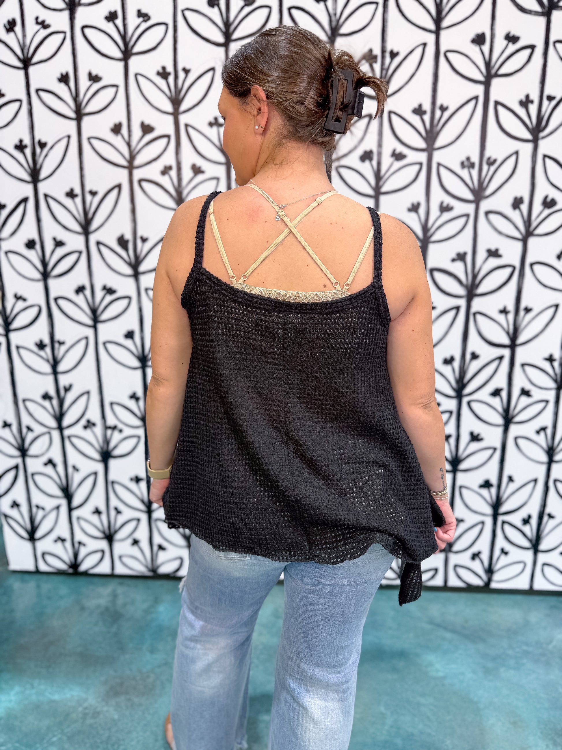 Buttoned Front Waffle Knit Cami - Black - EOS Final Sale
