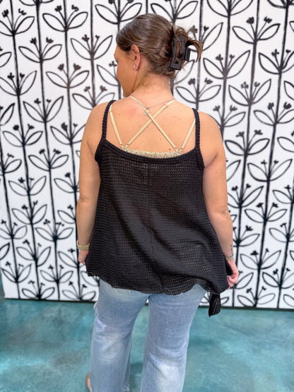 Buttoned Front Waffle Knit Cami - Black - EOS Final Sale