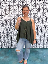 Buttoned Front Waffle Knit Cami - Olive DOORBUSTER