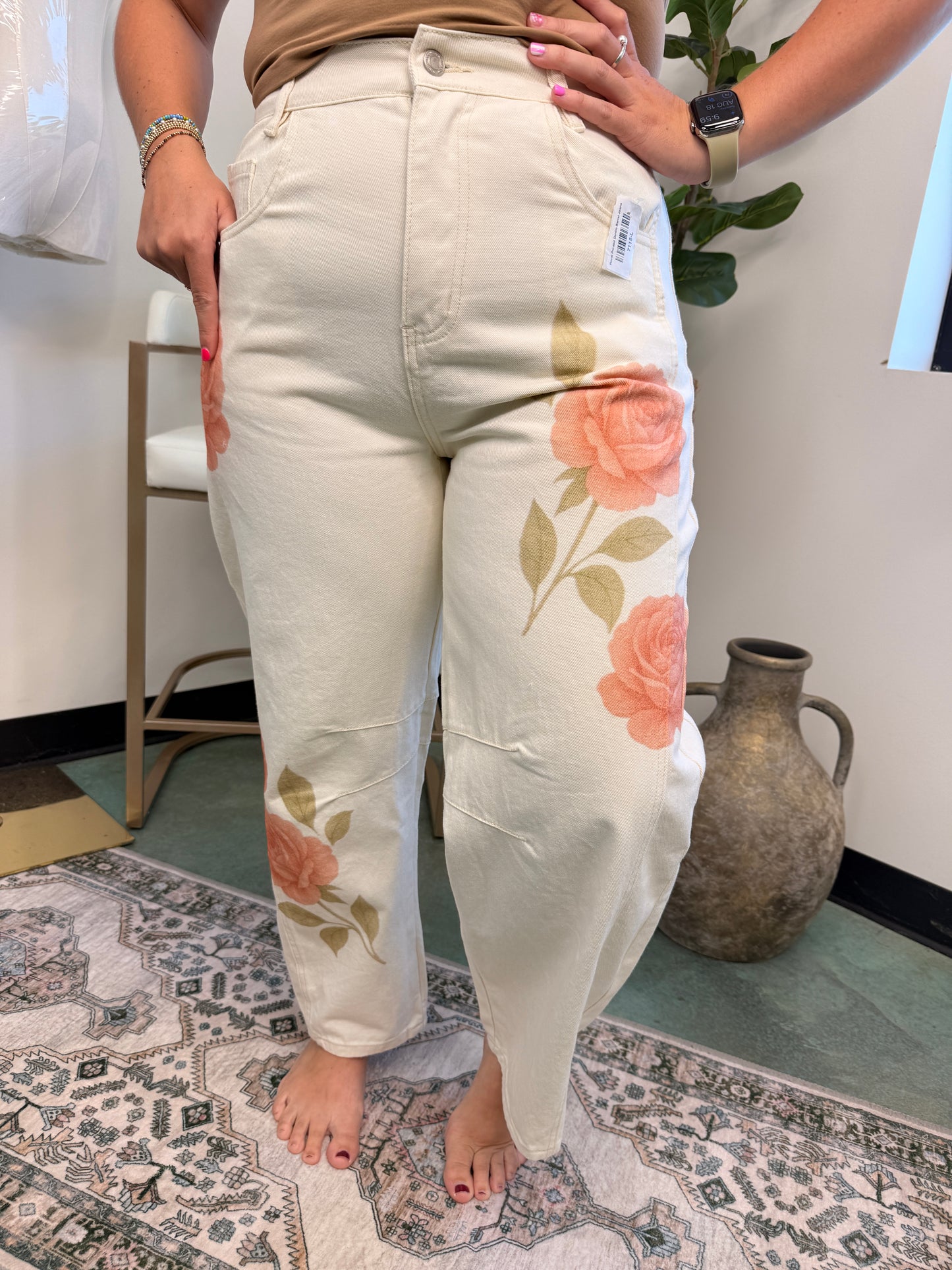 Floral Printed Denim Barrel Jeans