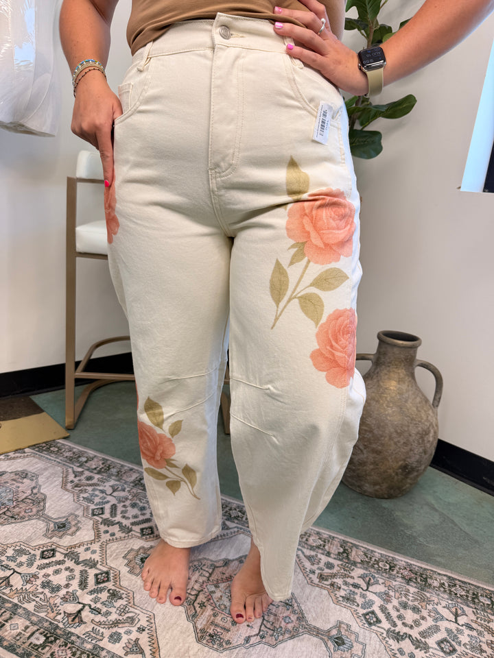 Floral Printed Denim Barrel Jeans