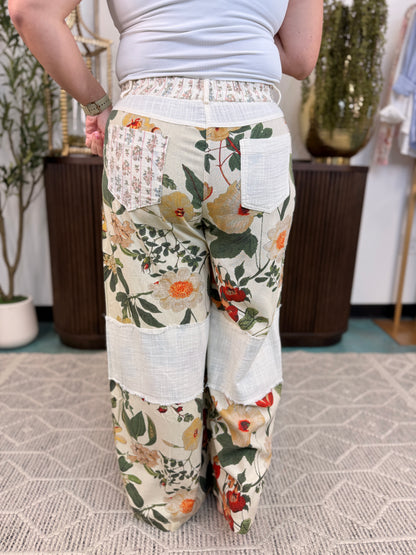 Stud Detail Floral Woven Striped Contrast Straight Pants
