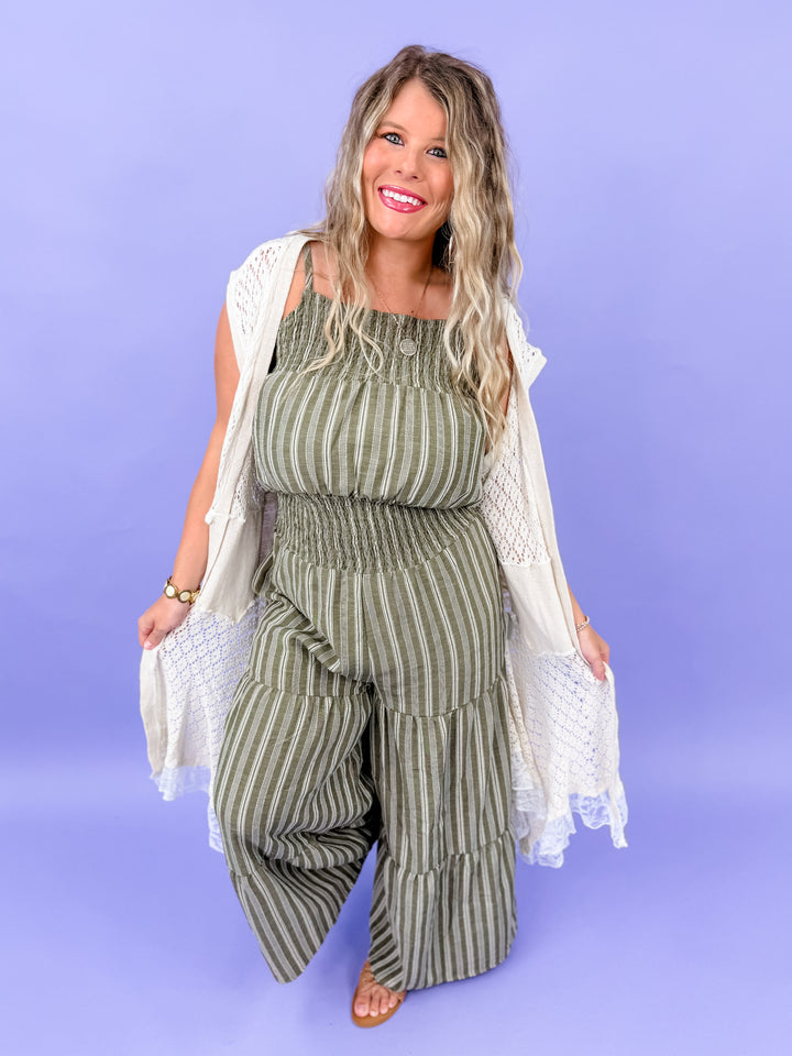 Stripe Woven Smocking Jumpsuit With Adjustable Straps