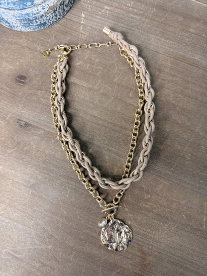 Layered Leather & Geometric Round Necklace