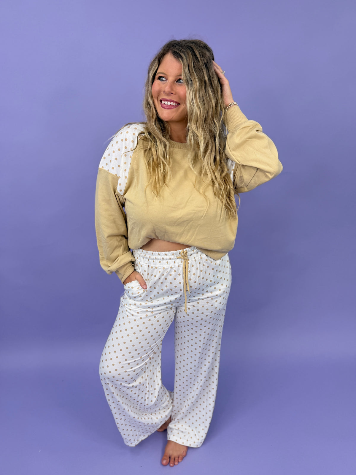 Polka Dot Patchwork Long Sleeve Casual Two Piece Set