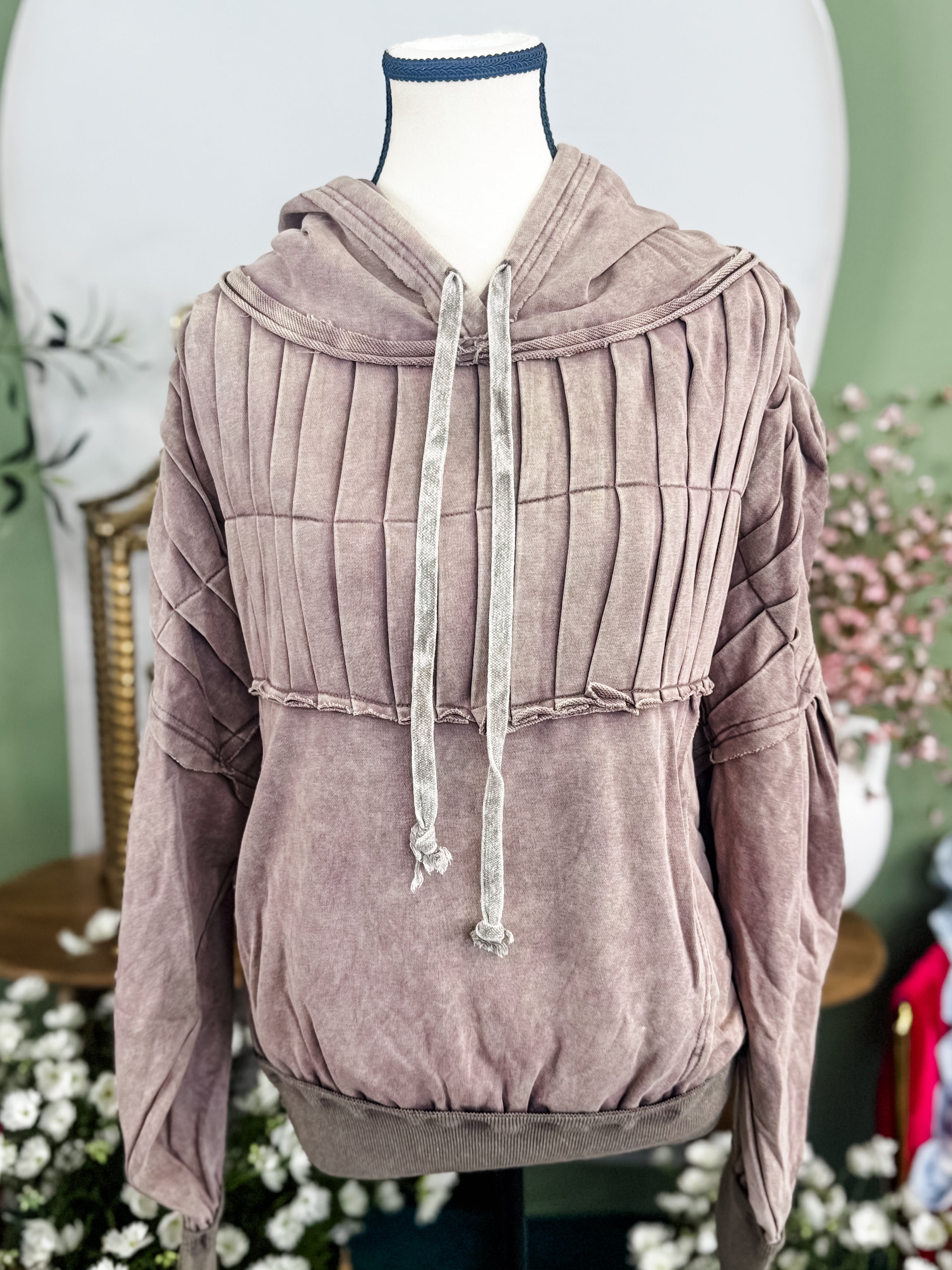 Washed Quilted Detail Hooded Pullover Top - Mocha