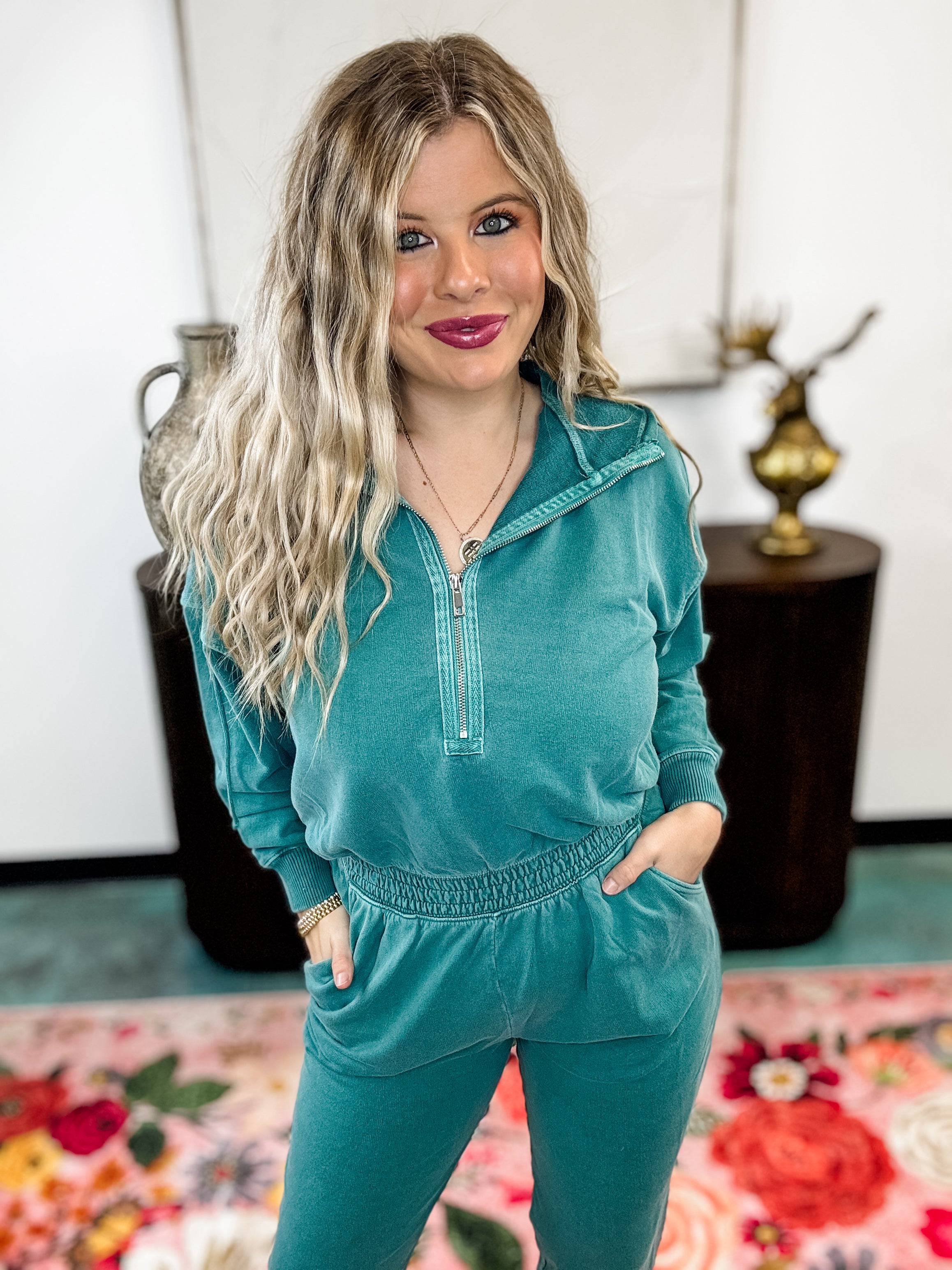 Vintage Wash Cozy Jumpsuit - Teal FINAL SALE