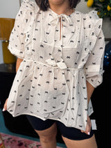 Ruffle Sleeve Bow Print Blouse