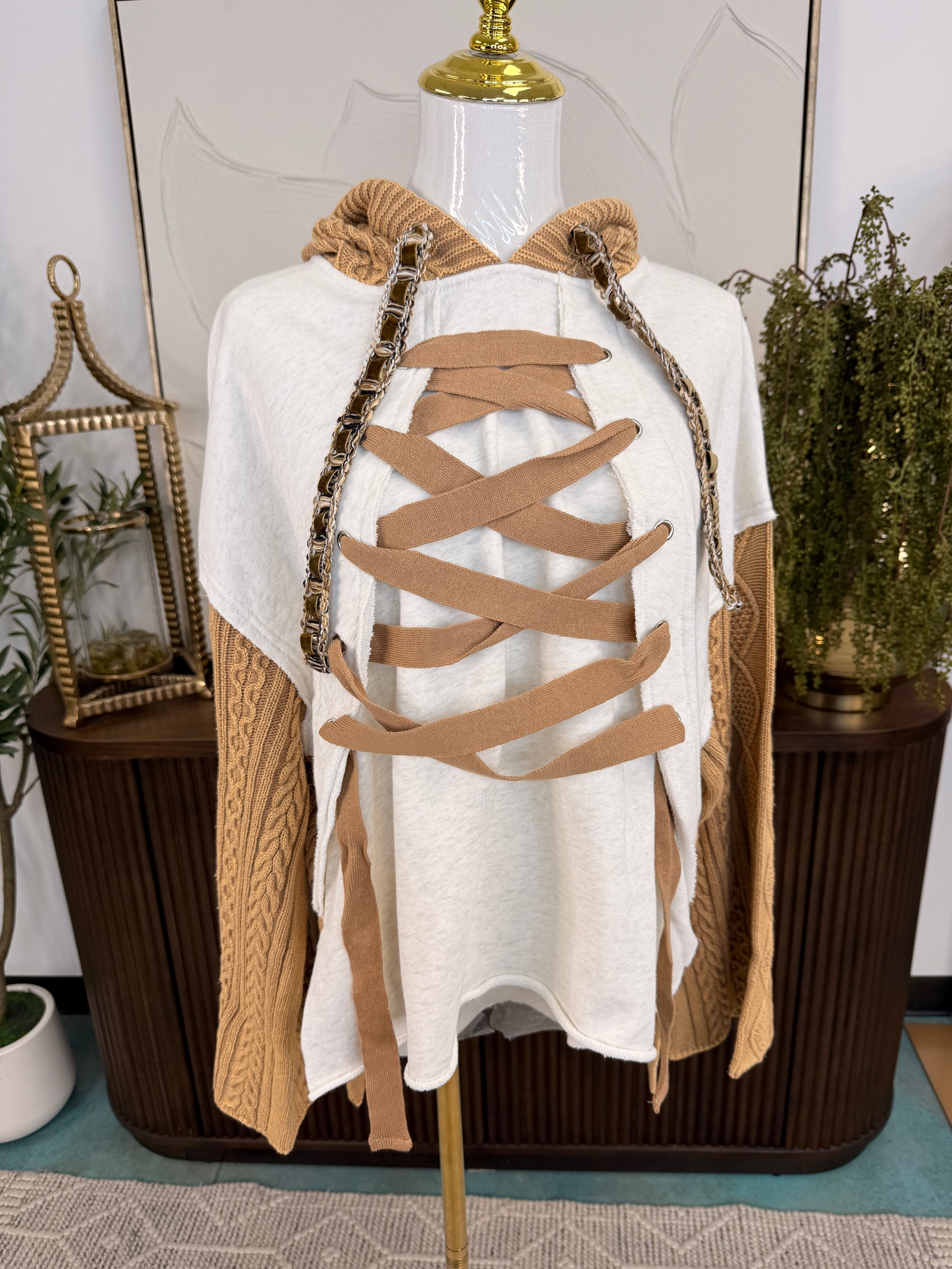 Long Sleeve French Terry Lace-Up Detail Knit Top