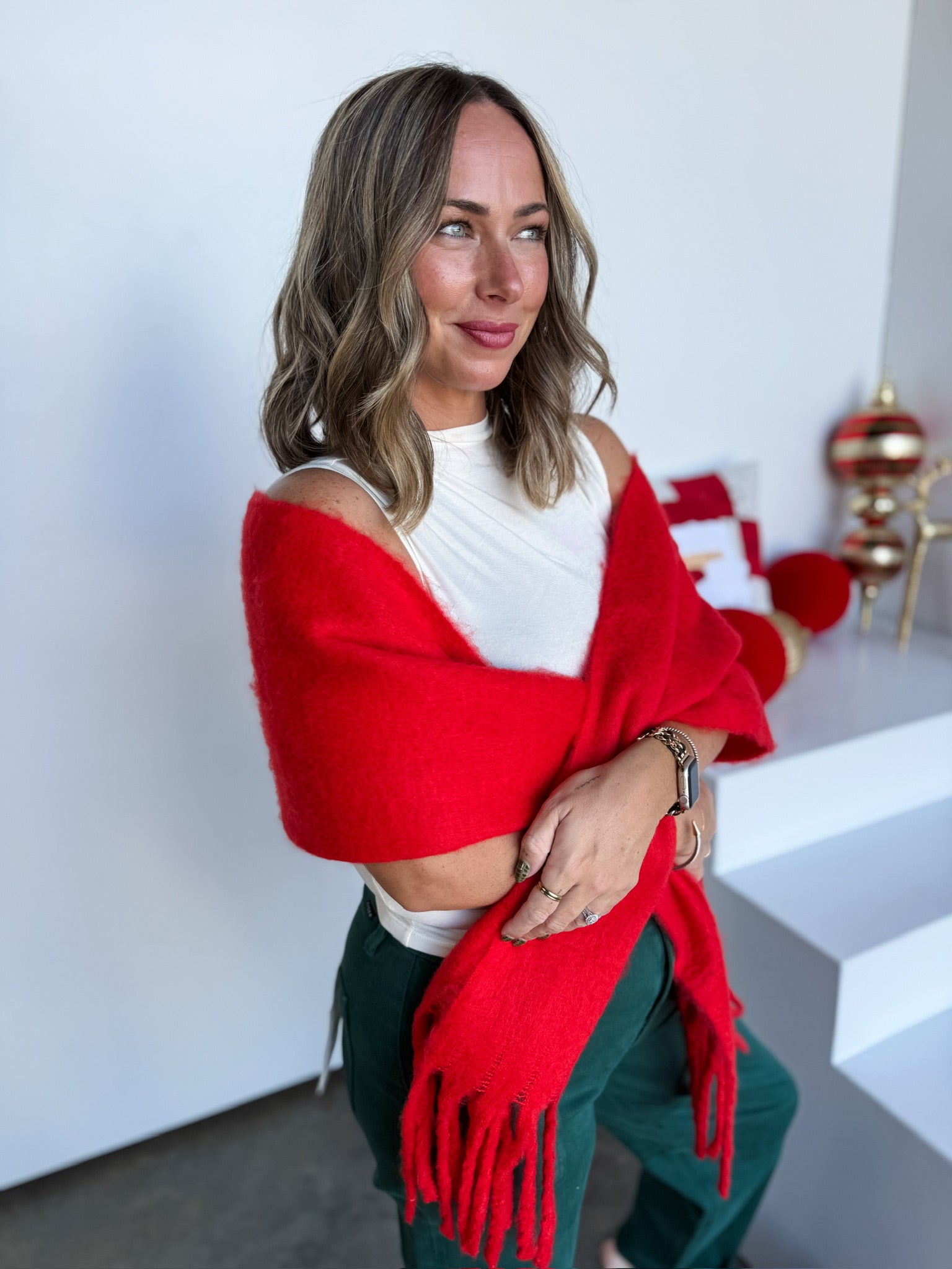 Solid Winter Warm Tassel Scarf - Christmas