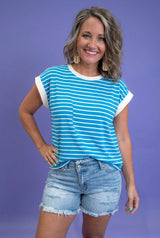 Striped Cap Sleeve Tee She Loves - Turquoise DOORBUSTER