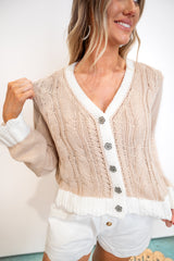Cable Knit Cardigan with Contrast Borders - Latte