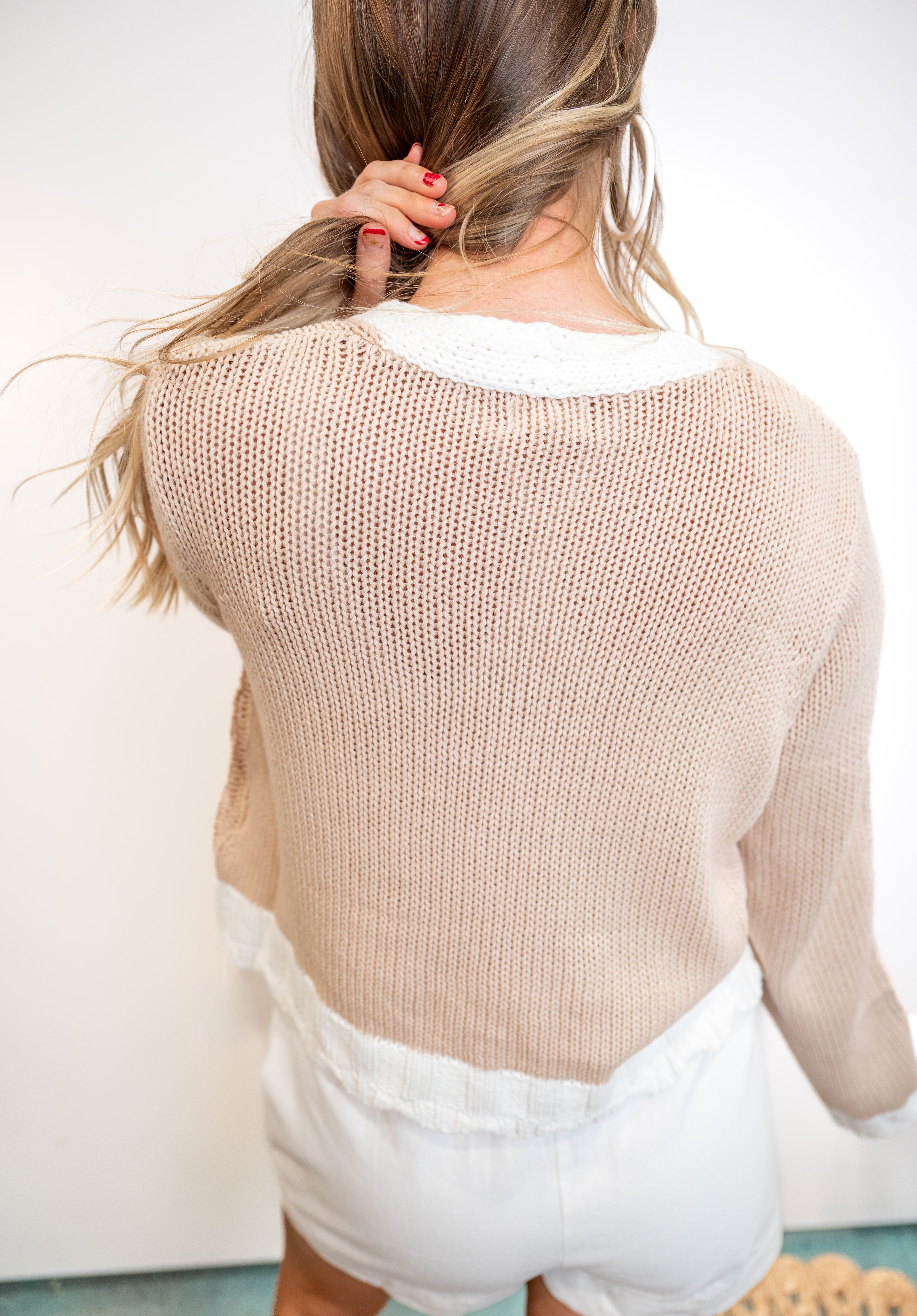Cable Knit Cardigan with Contrast Borders - Latte