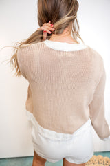 Cable Knit Cardigan with Contrast Borders - Latte